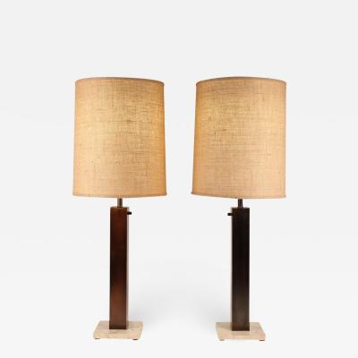  Nessen Studios Pair of 1960s Oil Rubbed Bronze and Travertine Table Lamps by Nessen