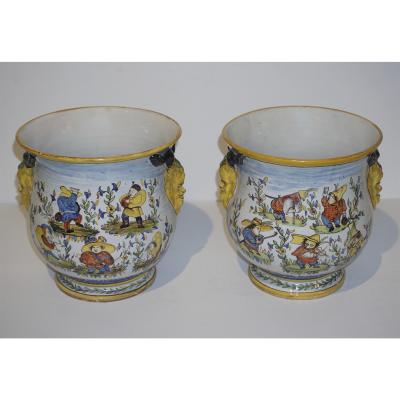  Nevers 1870s French Pair of Yellow Blue Green Red White Majolica Jardini res Planters