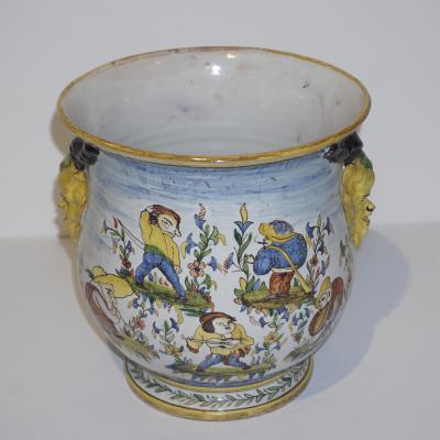  Nevers 1870s French Pair of Yellow Blue Green Red White Majolica Jardini res Planters