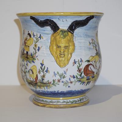  Nevers 1870s French Pair of Yellow Blue Green Red White Majolica Jardini res Planters