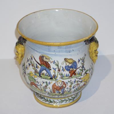  Nevers 1870s French Pair of Yellow Blue Green Red White Majolica Jardini res Planters