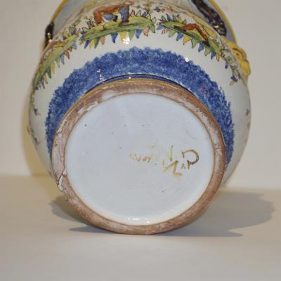  Nevers 1870s French Pair of Yellow Blue Green Red White Majolica Jardini res Planters