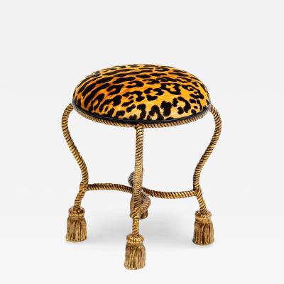  Niccolini Hollywood Regency Gilt Iron Rope Tassel Vanity Stool in Chic Leopard Velvet