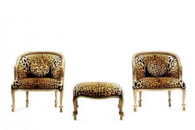  Niccolini Hollywood Regency Napoleon III Style Gilt Rope Tassel Chairs in Leopard Velvet