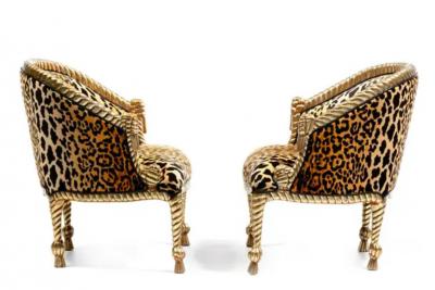  Niccolini Hollywood Regency Napoleon III Style Gilt Rope Tassel Chairs in Leopard Velvet