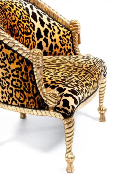  Niccolini Hollywood Regency Napoleon III Style Gilt Rope Tassel Chairs in Leopard Velvet