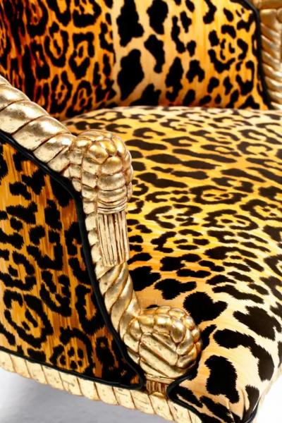  Niccolini Hollywood Regency Napoleon III Style Gilt Rope Tassel Chairs in Leopard Velvet