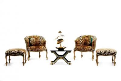  Niccolini Hollywood Regency Napoleon III Style Gilt Rope Tassel Ottomans in Leopard