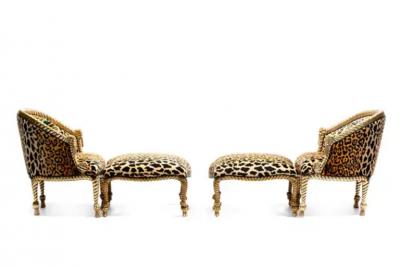  Niccolini Hollywood Regency Napoleon III Style Gilt Rope Tassel Ottomans in Leopard