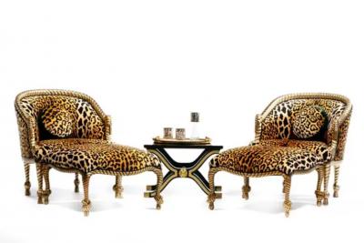  Niccolini Hollywood Regency Napoleon III Style Gilt Rope Tassel Ottomans in Leopard
