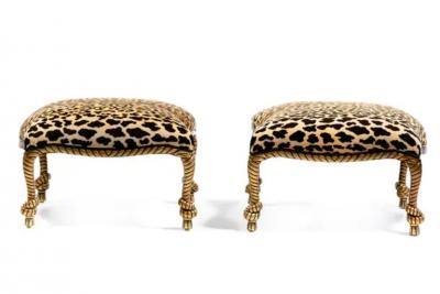  Niccolini Hollywood Regency Napoleon III Style Gilt Rope Tassel Ottomans in Leopard