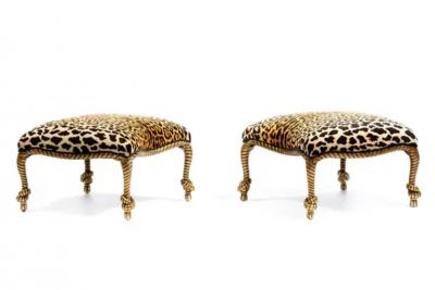  Niccolini Hollywood Regency Napoleon III Style Gilt Rope Tassel Ottomans in Leopard
