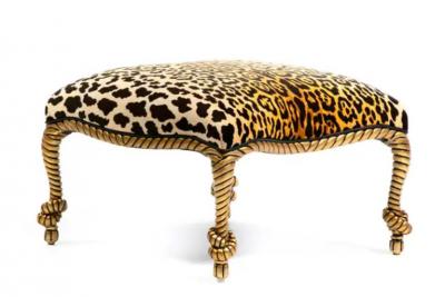  Niccolini Hollywood Regency Napoleon III Style Gilt Rope Tassel Ottomans in Leopard