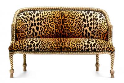  Niccolini Hollywood Regency Napoleon III Style Gilt Rope Tassel Settee in Leopard Velvet