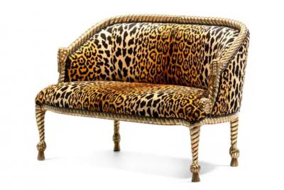  Niccolini Hollywood Regency Napoleon III Style Gilt Rope Tassel Settee in Leopard Velvet