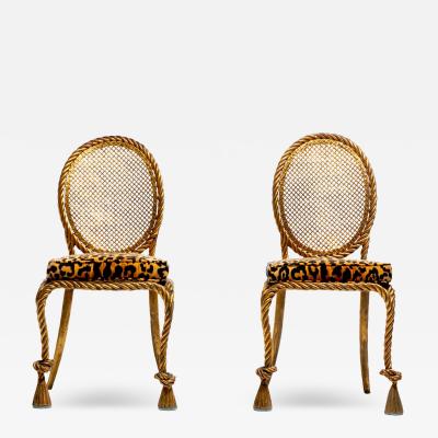  Niccolini Pair of Early 1940s Italian Gilt Rope and Tassel Iron Side Chairs by Niccolini