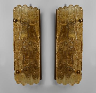  Nils Landberg Pair of Swedish Mid 20th Cent Crocodile Textured Amber Glass Wall Sconces
