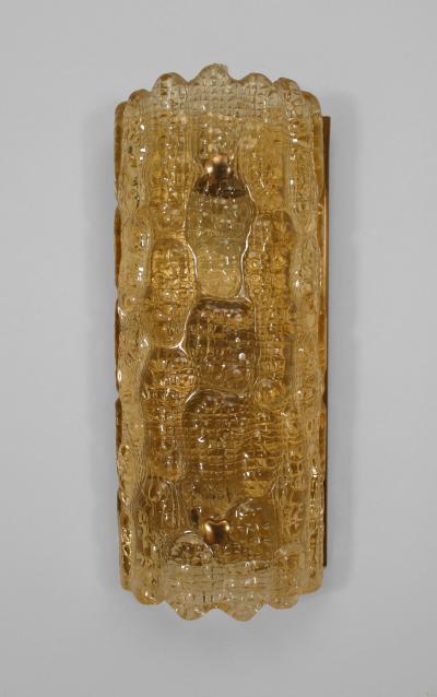  Nils Landberg Pair of Swedish Mid 20th Cent Crocodile Textured Amber Glass Wall Sconces