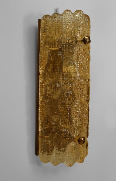  Nils Landberg Pair of Swedish Mid 20th Cent Crocodile Textured Amber Glass Wall Sconces