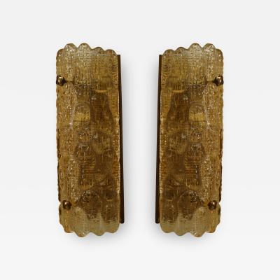  Nils Landberg Pair of Swedish Mid 20th Cent Crocodile Textured Amber Glass Wall Sconces