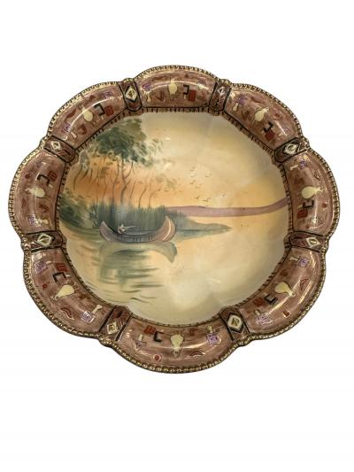  Nippon Sento Co Ltd INDIAN IN CANOE ON LAKE HAND PAINTED NIPPON SCALLOP EDGE BOWL