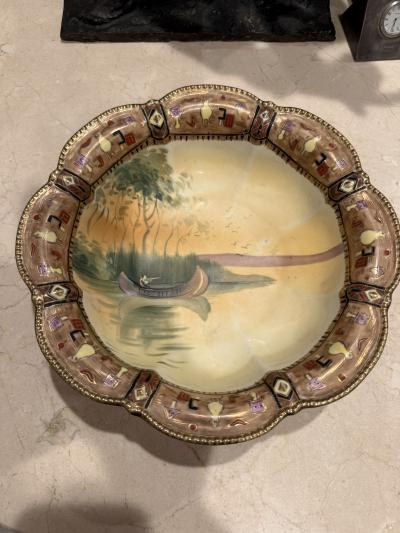  Nippon Sento Co Ltd INDIAN IN CANOE ON LAKE HAND PAINTED NIPPON SCALLOP EDGE BOWL