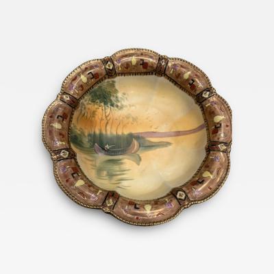  Nippon Sento Co Ltd INDIAN IN CANOE ON LAKE HAND PAINTED NIPPON SCALLOP EDGE BOWL