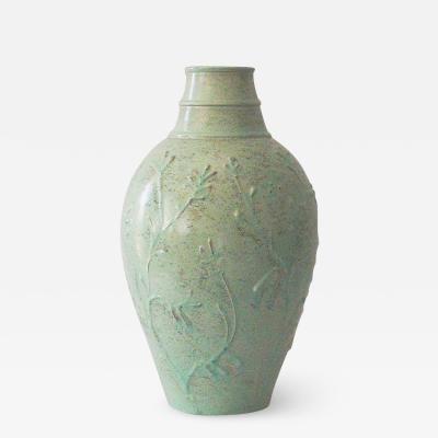  Nittsjo Large Vase with Botanical Reliefs in Bright Celadon by Erik Mornils for Nittsjo