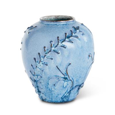  Nittsjo Vase with Flora Reliefs in Ultramarine Blue by Erik Mornils for Nittsjo