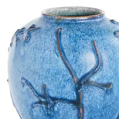  Nittsjo Vase with Flora Reliefs in Ultramarine Blue by Erik Mornils for Nittsjo