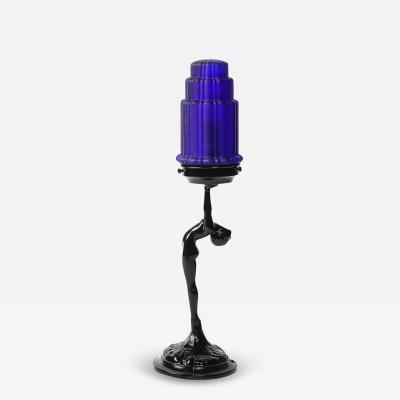  Nuart Creations Art Deco Cobalt Blue Glass Black Enamel Nude Sculpture Table Lamp signed Nuart