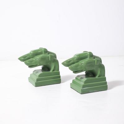  Nuart Creations Pair of Green Enameled Double Greyhound Bookends signed Nuart Creations