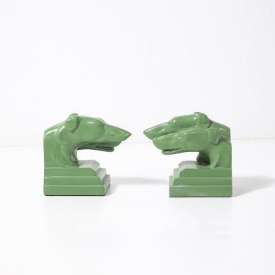  Nuart Creations Pair of Green Enameled Double Greyhound Bookends signed Nuart Creations