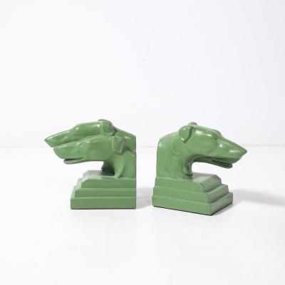  Nuart Creations Pair of Green Enameled Double Greyhound Bookends signed Nuart Creations