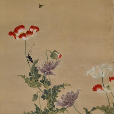  Obata Tosho Mid 19th Century Framed Japanese Painting Longhorn Beetle Poppies 