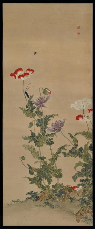  Obata Tosho Mid 19th Century Framed Japanese Painting Longhorn Beetle Poppies 