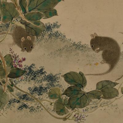  Obata Tosho Mid 19th Century Framed Japanese Painting Mice Millet