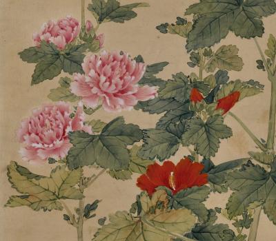  Obata Tosho Mid 19th Century Framed Japanese Painting Snail Wasp Hollyhock 