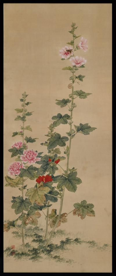  Obata Tosho Mid 19th Century Framed Japanese Painting Snail Wasp Hollyhock 