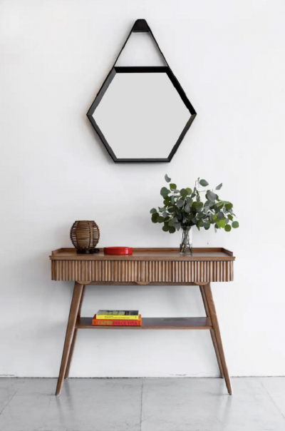  Orange Furniture BEVERLY OAK AND LEATHER HEXAGON MIRROR BY ORANGE LOS ANGELES