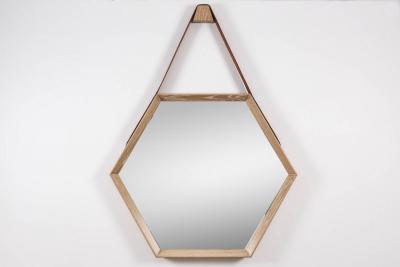  Orange Furniture BEVERLY OAK AND LEATHER HEXAGON MIRROR CERUSED