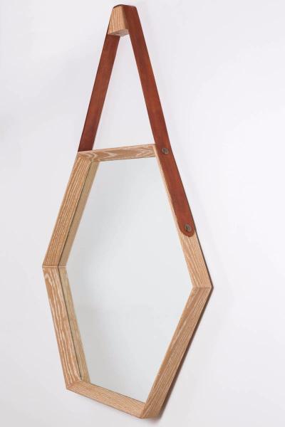  Orange Furniture BEVERLY OAK AND LEATHER HEXAGON MIRROR CERUSED