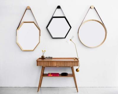  Orange Furniture BEVERLY OAK AND LEATHER OCTAGON MIRROR BY ORANGE LOS ANGELES