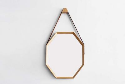 Orange Furniture BEVERLY OAK AND LEATHER OCTAGON MIRROR BY ORANGE LOS ANGELES