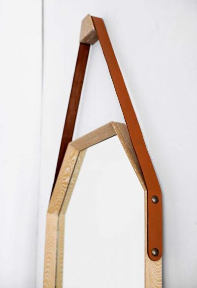  Orange Furniture BEVERLY OAK AND LEATHER OCTAGON MIRROR BY ORANGE LOS ANGELES