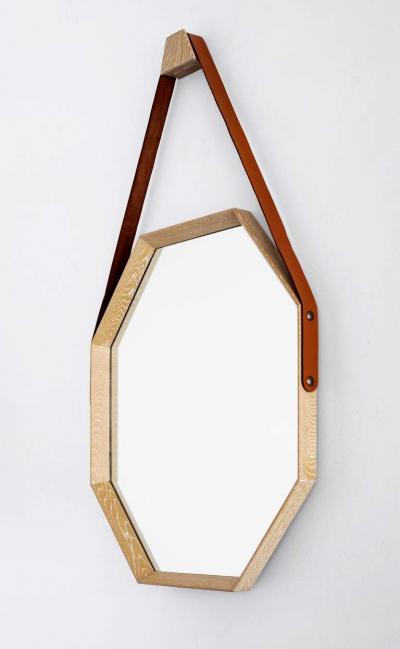  Orange Furniture BEVERLY OAK AND LEATHER OCTAGON MIRROR BY ORANGE LOS ANGELES
