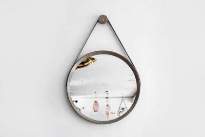  Orange Furniture BEVERLY OAK AND LEATHER ROUND MIRROR GREY CERUSED