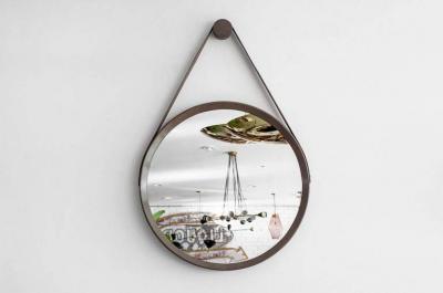  Orange Furniture BEVERLY OAK AND LEATHER ROUND MIRROR STONE GREY
