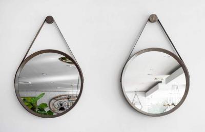  Orange Furniture BEVERLY OAK AND LEATHER ROUND MIRROR STONE GREY