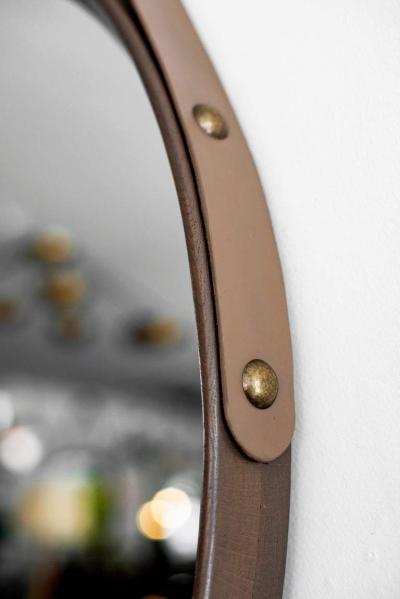  Orange Furniture BEVERLY OAK AND LEATHER ROUND MIRROR STONE GREY